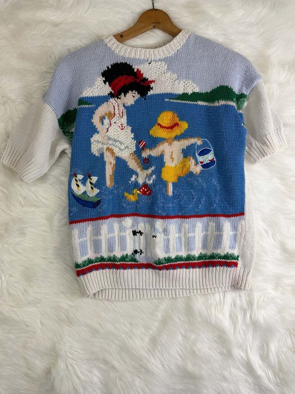Marisa Christina Beach Scene Intarsia Knit Sweater Petite Multi